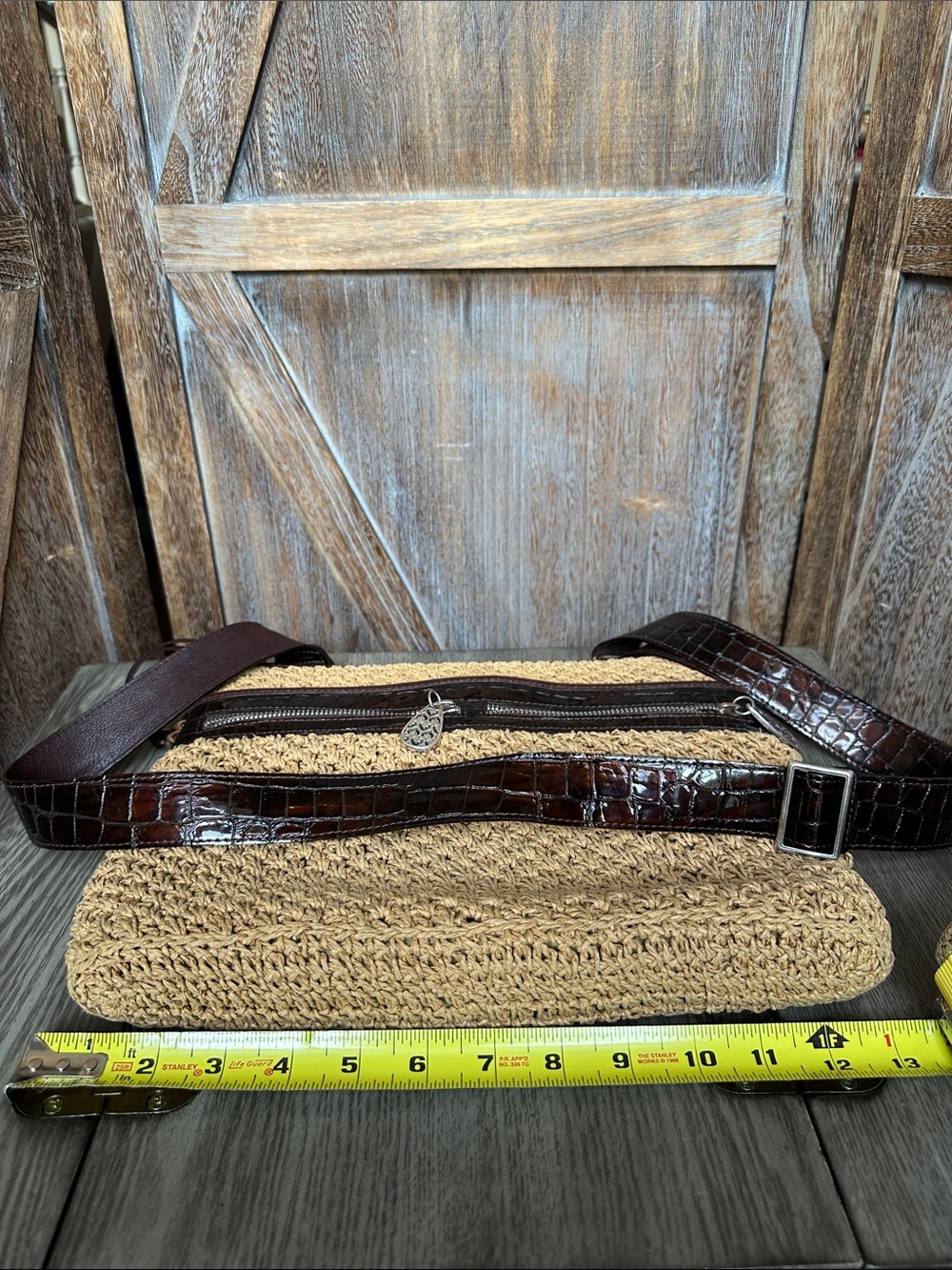 Brighton Woven Straw & Faux Crocodile Leather Crossbody Bag Purse - Picture 14 of 15